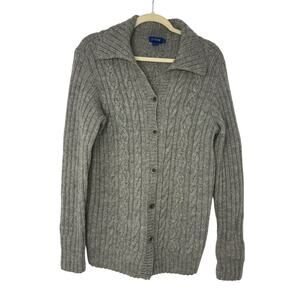 Vintage J.Crew 100% Wool Cable Knit Collared Cardigan Sweater Gray Women L